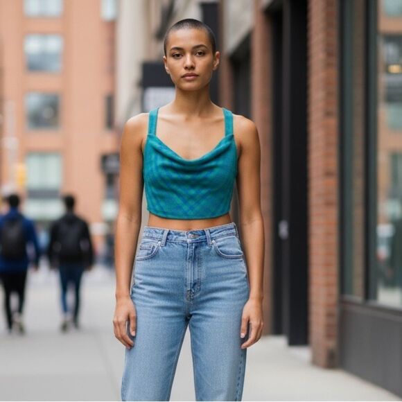 Lovers + Friends Tops - Lovers and Friends Women's Checkered Crop Top Sea Green Blue Size S
